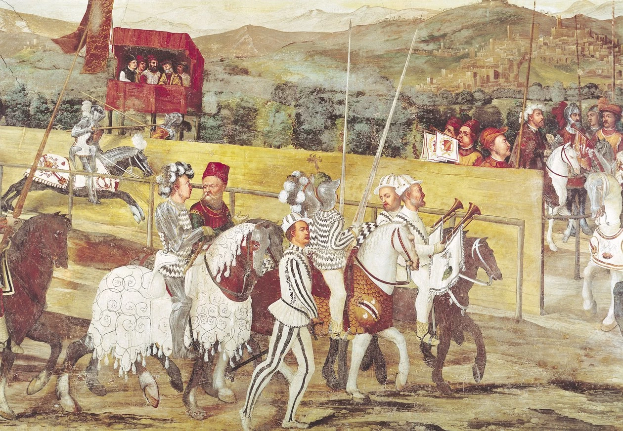 Il Romanino-512-Malpaga, castello - Visita di re Cristiani I di Danimarca - sala d'onore - dettaglio 3